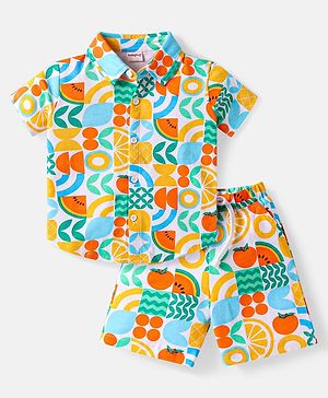 Babyhug Single Jersey Knit Half Sleeves Shirt & Shorts Set With Fruit Print - White