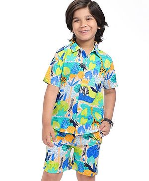 Babyhug Single Jersey Knit Half Sleeves Shirt & Shorts Set With Animal Print - Green