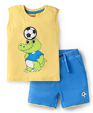 Babyhug Single Jersey Knit Sleeveless T-Shirt & Shorts Set With Dino & Football Print - Yellow & Blue