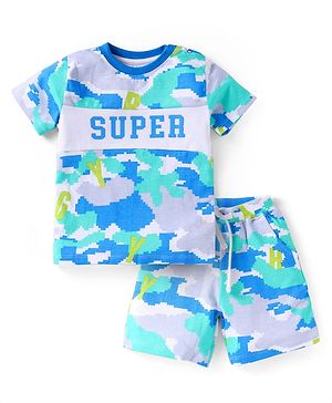 Babyhug Single Jersey Knit Half Sleeves T-Shirt & Shorts Set With Camouflage Print - Blue & Grey