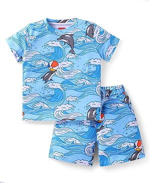 Babyhug Single Jersey Knit Half Sleeves T-Shirt & Shorts Set With Dolphin Print - Light Blue