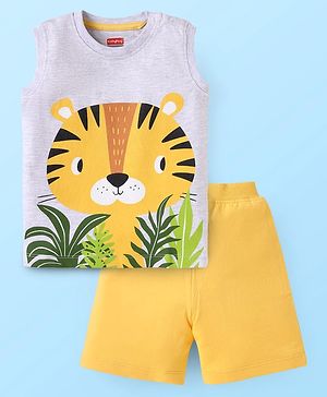 Babyhug Single Jersey Knit Sleeveless Tank T-Shirt & Shorts Set With Tiger Print - Grey & Yellow