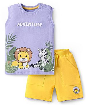 Babyhug Single Jersey Knit Sleeveless T-Shirt & Shorts Set With Animal Print - Purple & Yellow