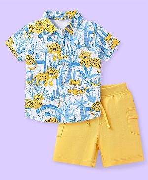 Babyhug Single Jersey Knit Half Sleeves Shirt & Shorts Set with Jungle Theme Print - Light Blue & Yellow