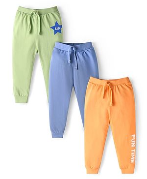 Babyhug Single Jersey Knit Full Length Lounge Pants with Text Print Pack of 3 - Blue Orange & Light Green