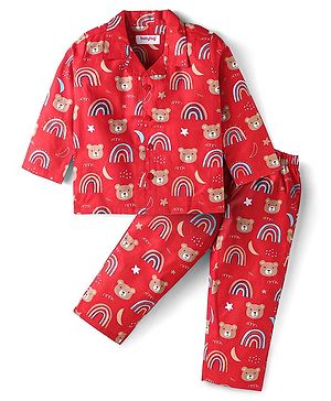 Babyhug Cotton Woven Full Sleeves Night Suit With Teddy Bear & Rainbow Print - Red