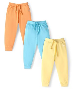 Babyhug Single Jersey Knit Full Length Lounge Pants with Logo Patch Pack of 3 - Blue Lemon & Orange