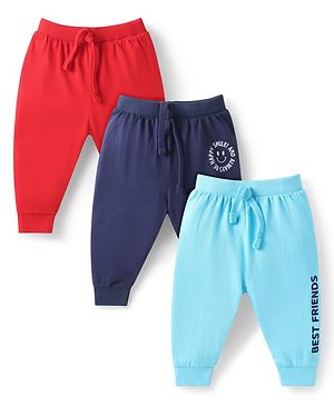 Babyhug Cotton Knit Full Length Text Printed Lounge Pants Pack of 3 - Aqua Blue Navy & Red