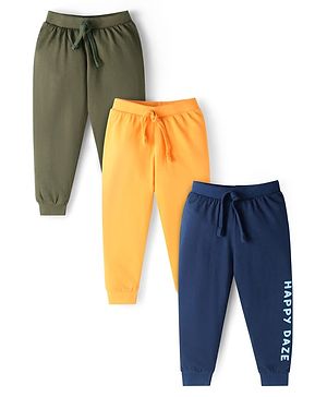 Babyhug Single Jersey Knit Full Length Lounge Pants with Text Print Pack of 3 - Navy Blue Olive Green & Lemon