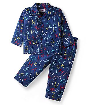 Babyhug Cotton Woven Full Sleeves Night Suit with Alphabet Text Print - Navy Blue
