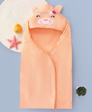 Babyhug Cotton Knit Hooded Wrapper With Animal Embroidery & Ear Applique L 76 x B 76 cm - Peach