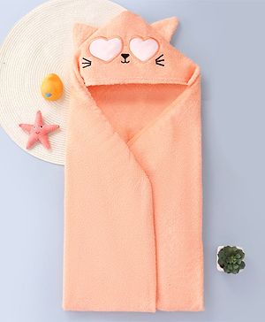 Babyhug Cotton Knit Hooded Wrapper With Cat Embroidery & Ear Applique L 76 x B 76 cm - Peach