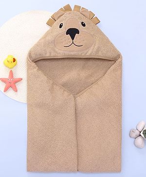 Babyhug Cotton Knit Hooded Wrapper With Bear Face Print & Ear Applique L 76.2 x B 76.2 cm - Brown