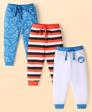 Babyhug Single Jersey Full Length Lounge Pants with Strips & Dino Print Pack of 3 - Blue Grey & Orange