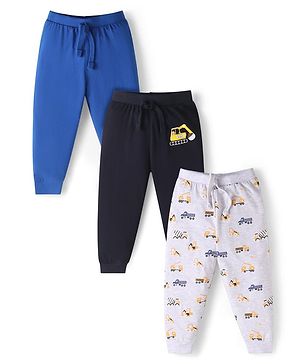 Babyhug Single Jersey Knit Full Length Lounge Pants with Vehicle Print Pack of 3 - Blue Black & Grey