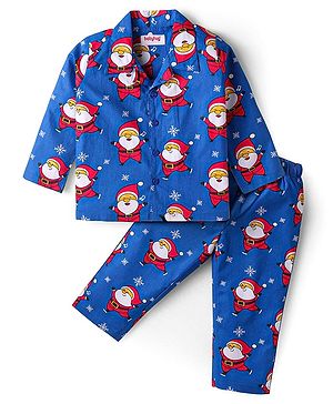 Babyhug Cotton Woven Full Sleeves Front Open Night Suit with Santa Print - Blue