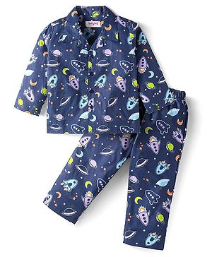 Babyhug Cotton Woven Full Sleeves Front Open Night Suit with Space Print - Navy Print