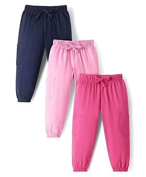 Babyhug Cotton Knit Full Length Solid Color Lounge Pants with Pocket Detailing Pack of 3 - Pink & Navy Blue