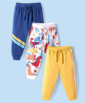 Babyhug Single Jersey Knit Full Length Lounge Pants with Dino Print & Tape Detailing Pack of 3 - Navy & Yellow
