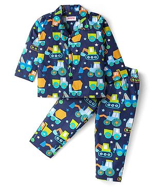 Babyhug Cotton Woven Full Sleeves Night Suit With Vehicle Print - Navy Blue