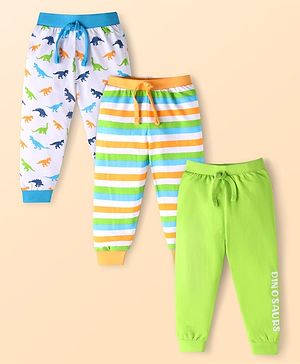 Babyhug Single Jersey Knit Full Length Lounge Pants with Strips & Dino Print Pack of 3 - Neon green Yellow & Blue