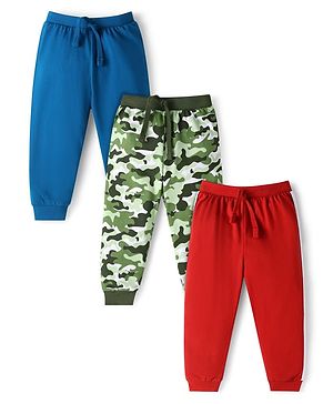 Babyhug Single Jersey Knit Full Length Solid Track Pants with Camouflage Print Pack of 3 - Blue Red & Green