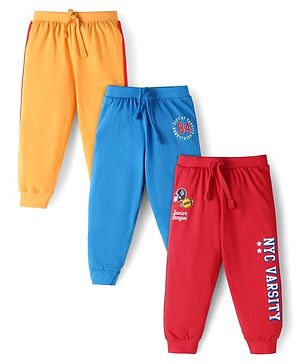 Babyhug Single Jersey Knit Full Length Lounge Pants with Text Print Pack of 3 - Red Blue & Yellow