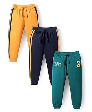 Babyhug Single Jersey Knit Full Length Lounge Pant Text Print & Tape Detailing Pack Of 3 - Yellow Navy & Green