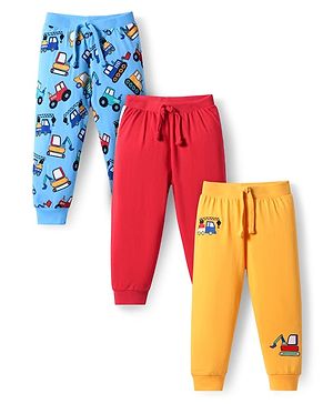 Babyhug Cotton Knit Full Length Lounge Pants with Vehicle Print Pack of 3 - Blue Red & Yellow