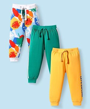 Babyhug Single Jersey Knit Full Length Lounge Pant Leafy Print & Tape Detailing Pack Of 3 - Yellow White & Green