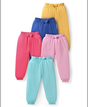 Babyhug Cotton Knit Full Length Brand Text Printed Lounge Pants with Bow Applique Pack of 5 - Pink Blue & Yellow