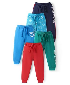 Babyhug Single Jersey Knit Full Length Lounge Pants with Sport Theme Text Print Pack of 5 -  Blue Red & Green