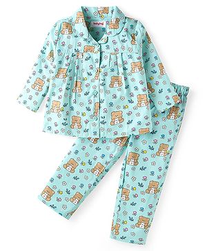 Babyhug Cotton Woven Full Sleeves Night Suit With Teddy Bear & Floral Print - Light Blue