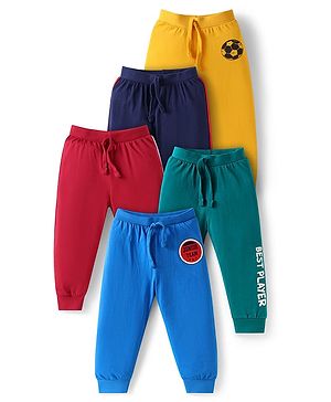 Babyhug Cotton Knit Full Length Lunge Pants with Sports Theme Print & Tape Detailing Pack of 5 - Multicolor