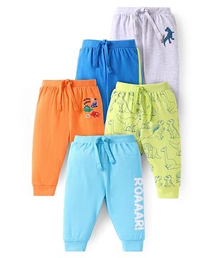 Babyhug Cotton Knit  Full Length Dino Printed Lounge Pants Pack of 5 - Aqua Blue & Green