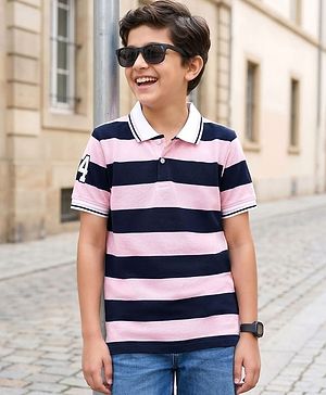 Kookie Kids Cotton Knit Half Sleeves Striped Polo T-Shirt - Pink