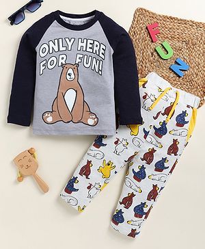 Little Marine Cotton Knit Full Sleeves Bear & Text Printed Night Suit - Grey& Black