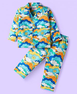 Babyhug Cotton Woven Full Sleeves Night Suit With Sky Print - Light Blue