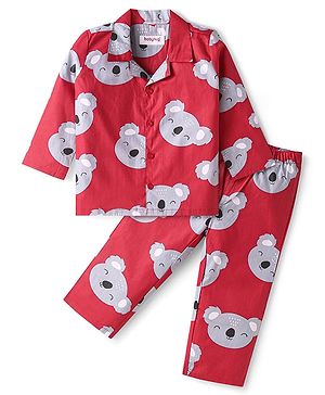 Babyhug Cotton Knit Full Sleeves Night Suit with Bear Print - Red