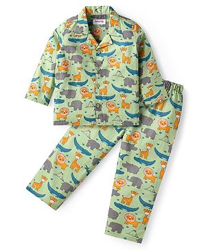 Babyhug Cotton Woven Full Sleeves Night Suit With Dino Print - Green