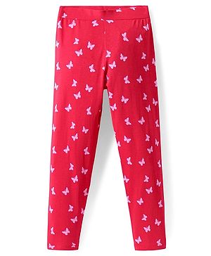 Pine Kids Cotton Lycra Knit Full Length Leggings with Butterfly Print - Red
