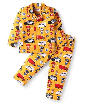 Babyhug Cotton Woven Full Sleeves Night Suit With Vehicle & Teddy Bear Print - Orange