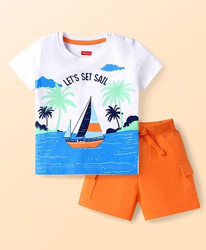 Babyhug Single Jersey Knit Half Sleeves T-Shirt & Shorts Set with Nautical Theme Print - Orange & White