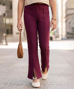 Pine Kids Cotton Lycra Knit Full Length Solid Leggings - Wine