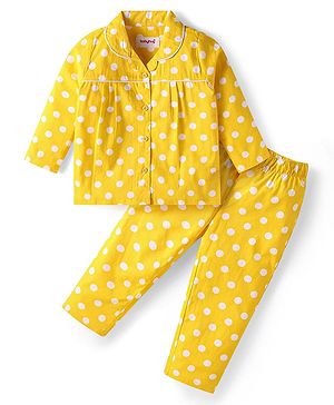 Babyhug Cotton Woven Full Sleeves Night Suit With Polka Dot Print - Yellow