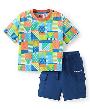 Babyhug Single Jersey Knit Half Sleeves Nautical Theme Printed T-Shirt with Shorts - Navy Blue