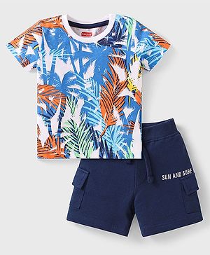 Babyhug Single Jersey Knit Half Sleeves T-Shirt & Shorts Set with Tropical Theme Print - Navy Blue & White