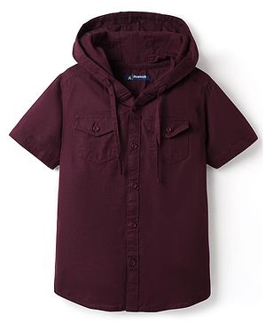 Pine Kids Cotton Woven Half Sleeves Solid Colour Hooded Shirt - Wine