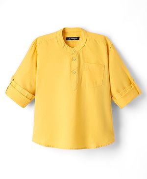 Pine Kids Cotton Woven Mandarin Collar Full Sleeves Solid Colour Kurta Style Shirt - Yellow