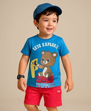 Babyhug Single Jersey Knit Half Sleeves T-Shirt and Shorts Set with Teddy Print - Blue & Red